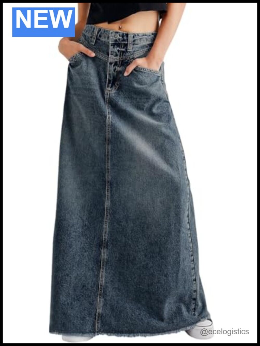 Women's Frayed Raw Hem Denim Maxi Skirt High Rise A-Line Long Jean Skirt
